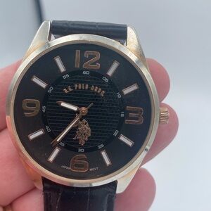 US Polo Assn rose gold tone wristwatch faux leather black band needs battery